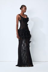 Midnight Desire Black Sheer Lace Floral Applique Maxi Dress