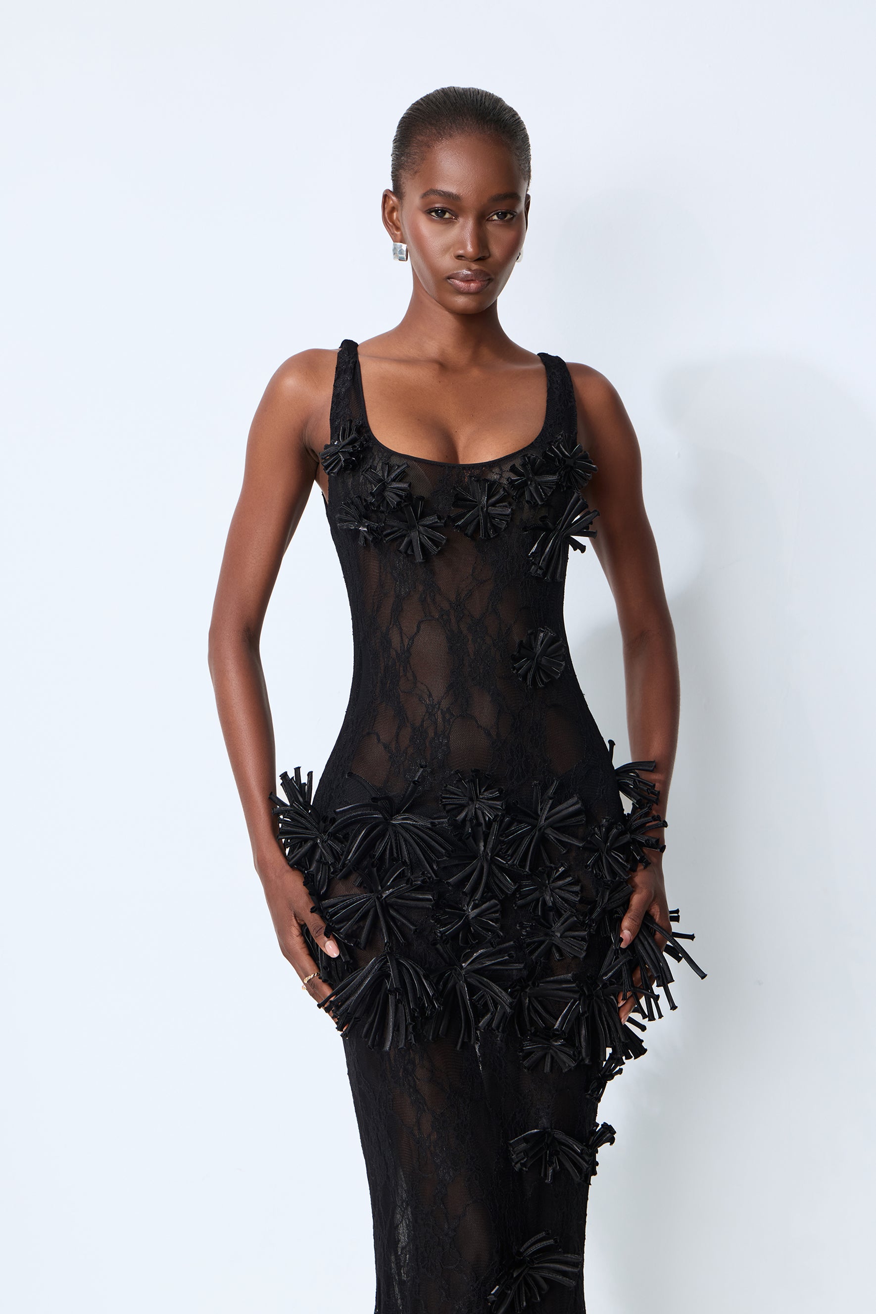 Midnight Desire Black Sheer Lace Floral Applique Maxi Dress
