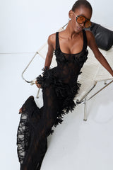 Midnight Desire Black Sheer Lace Floral Applique Maxi Dress
