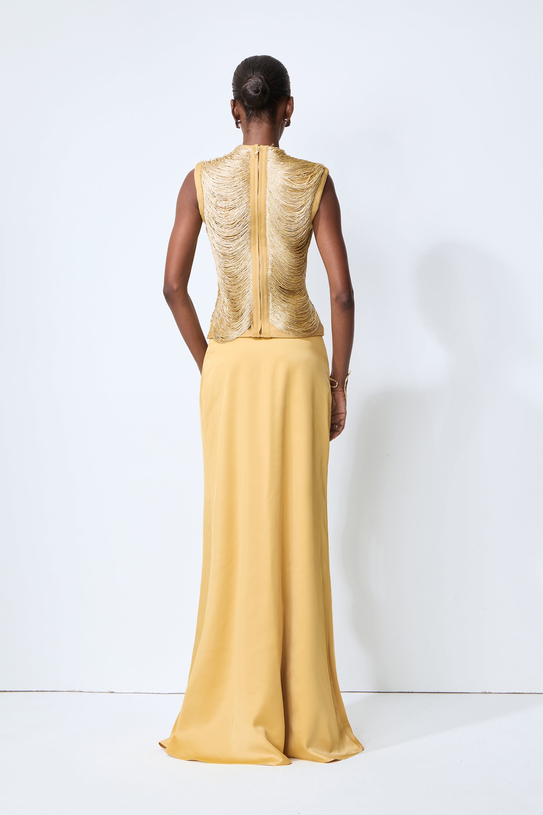 Captivating Personality Gold Sleeveless Fringe Top & Satin Skirt Set