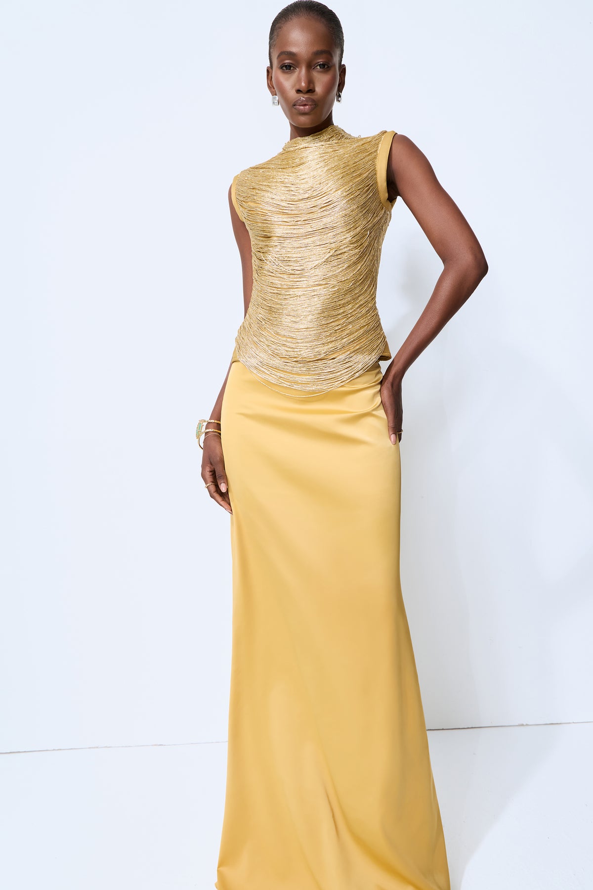 Captivating Personality Gold Sleeveless Fringe Top & Satin Skirt Set