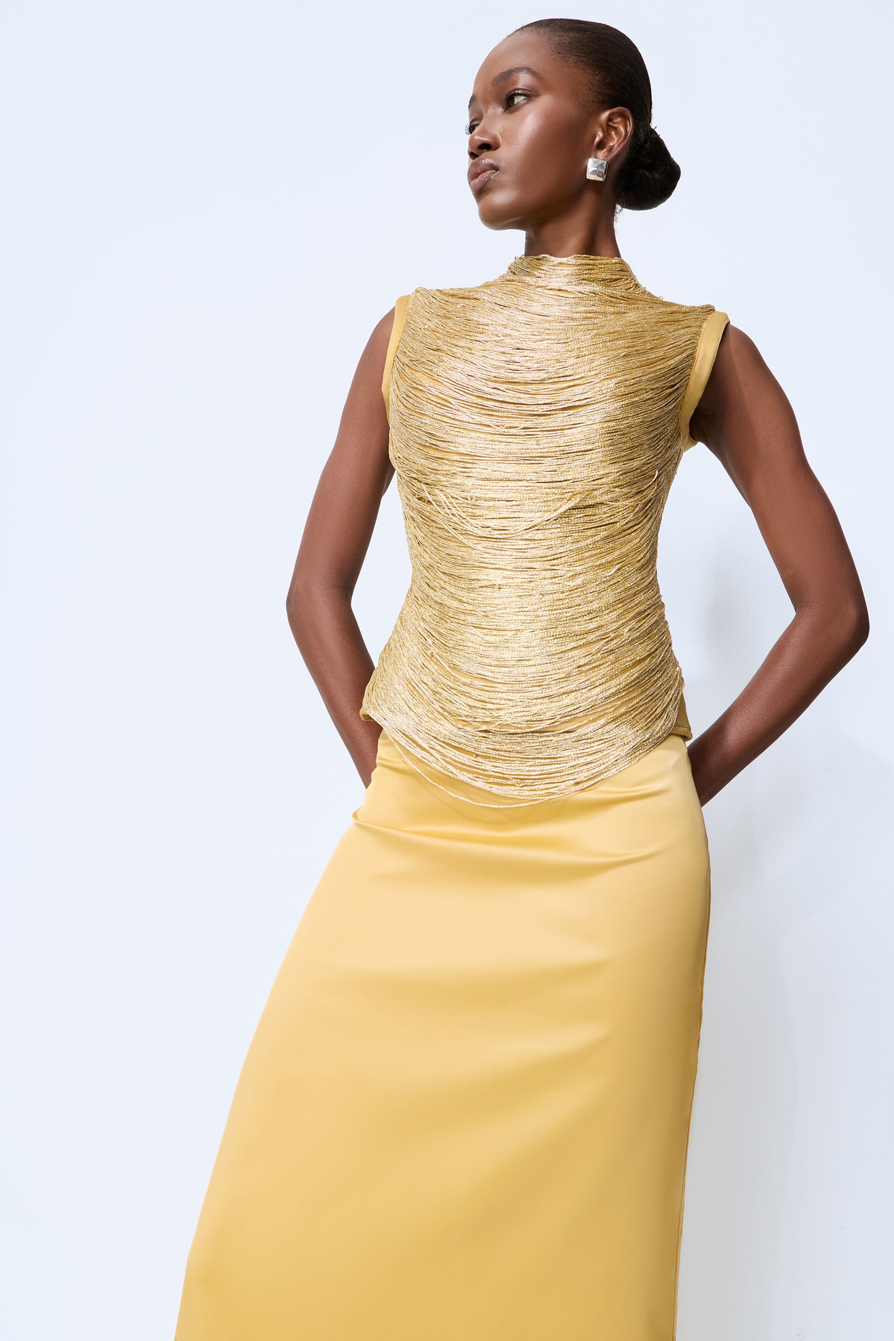 Captivating Personality Gold Sleeveless Fringe Top & Satin Skirt Set