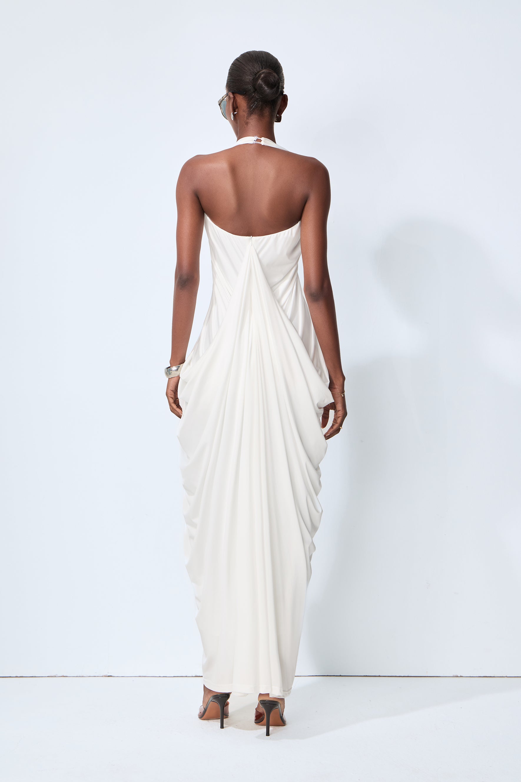 Timeless Attraction White Halter Neck Draped Maxi Dress