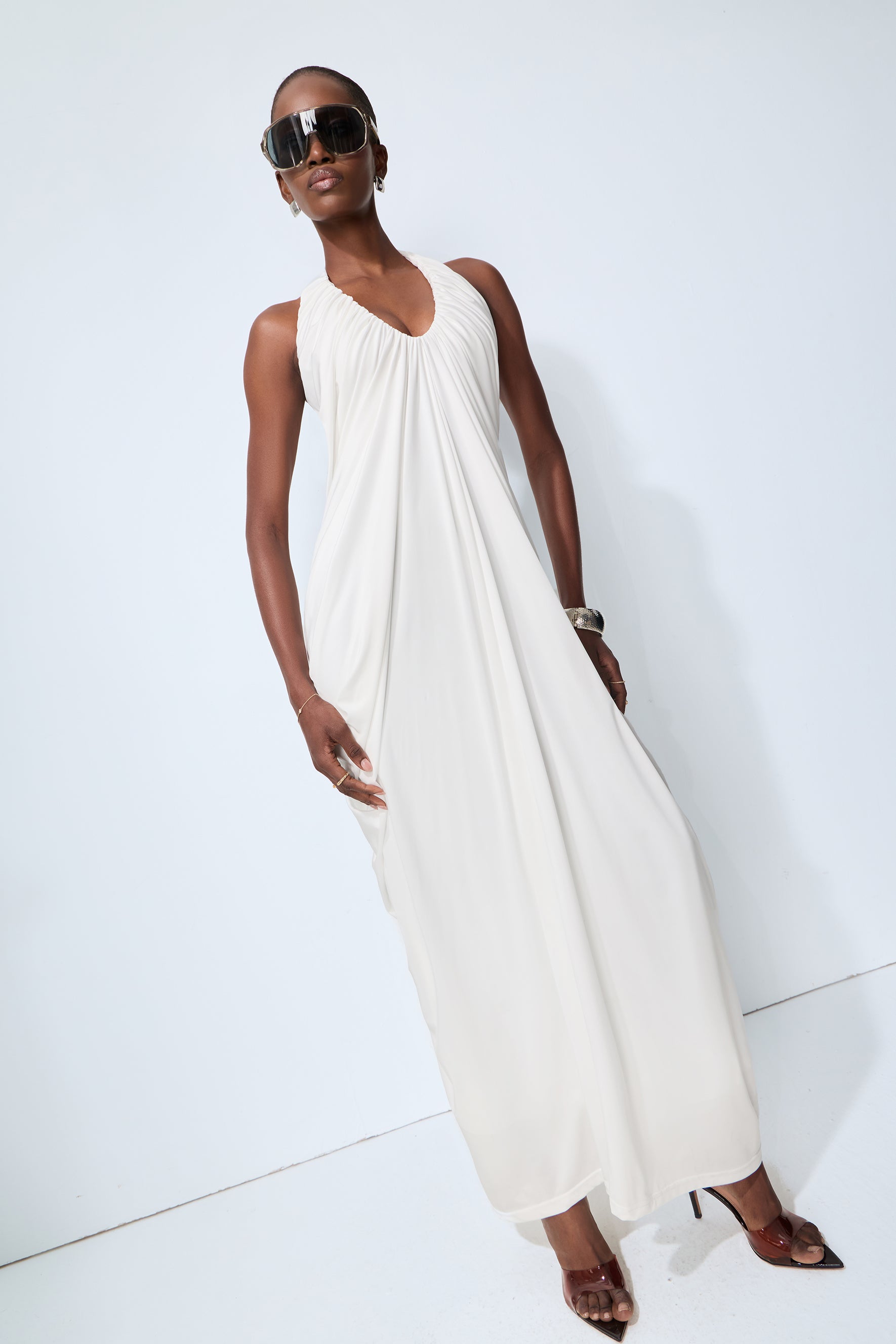 Timeless Attraction White Halter Neck Draped Maxi Dress