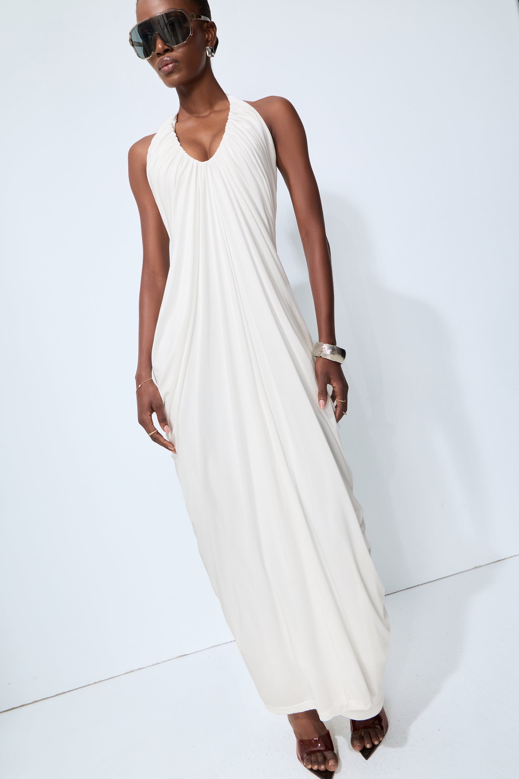 Timeless Attraction White Halter Neck Draped Maxi Dress