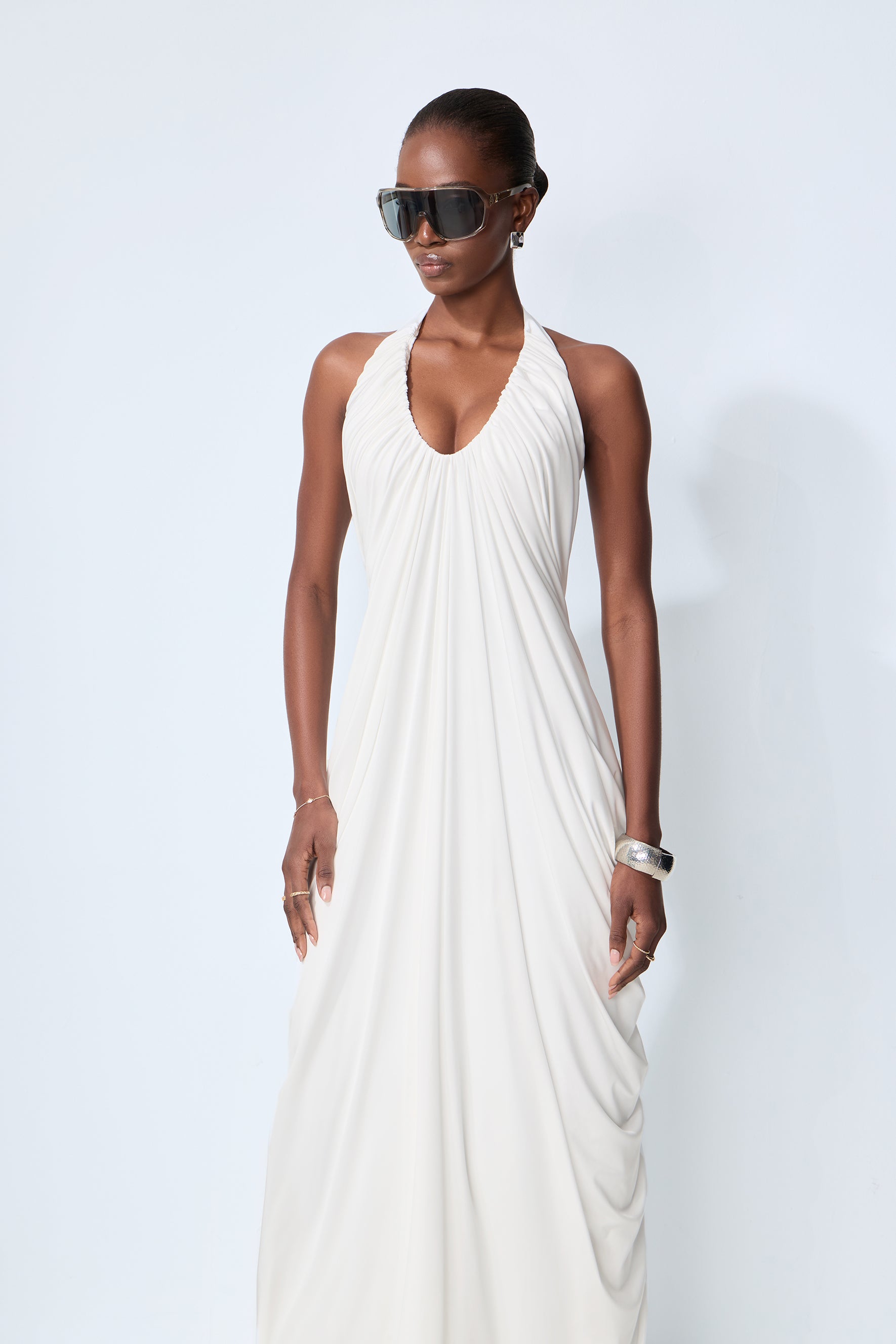 Timeless Attraction White Halter Neck Draped Maxi Dress
