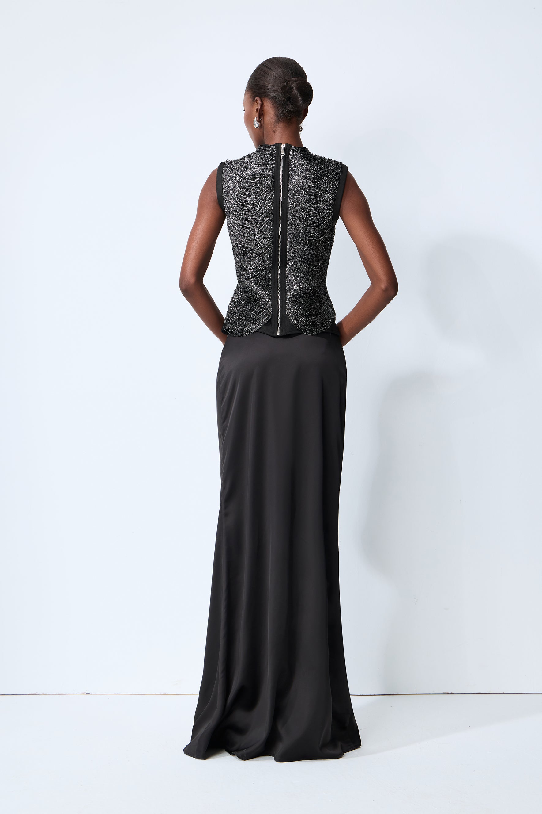 Captivating Personality Black Sleeveless Fringe Top & Satin Skirt Set