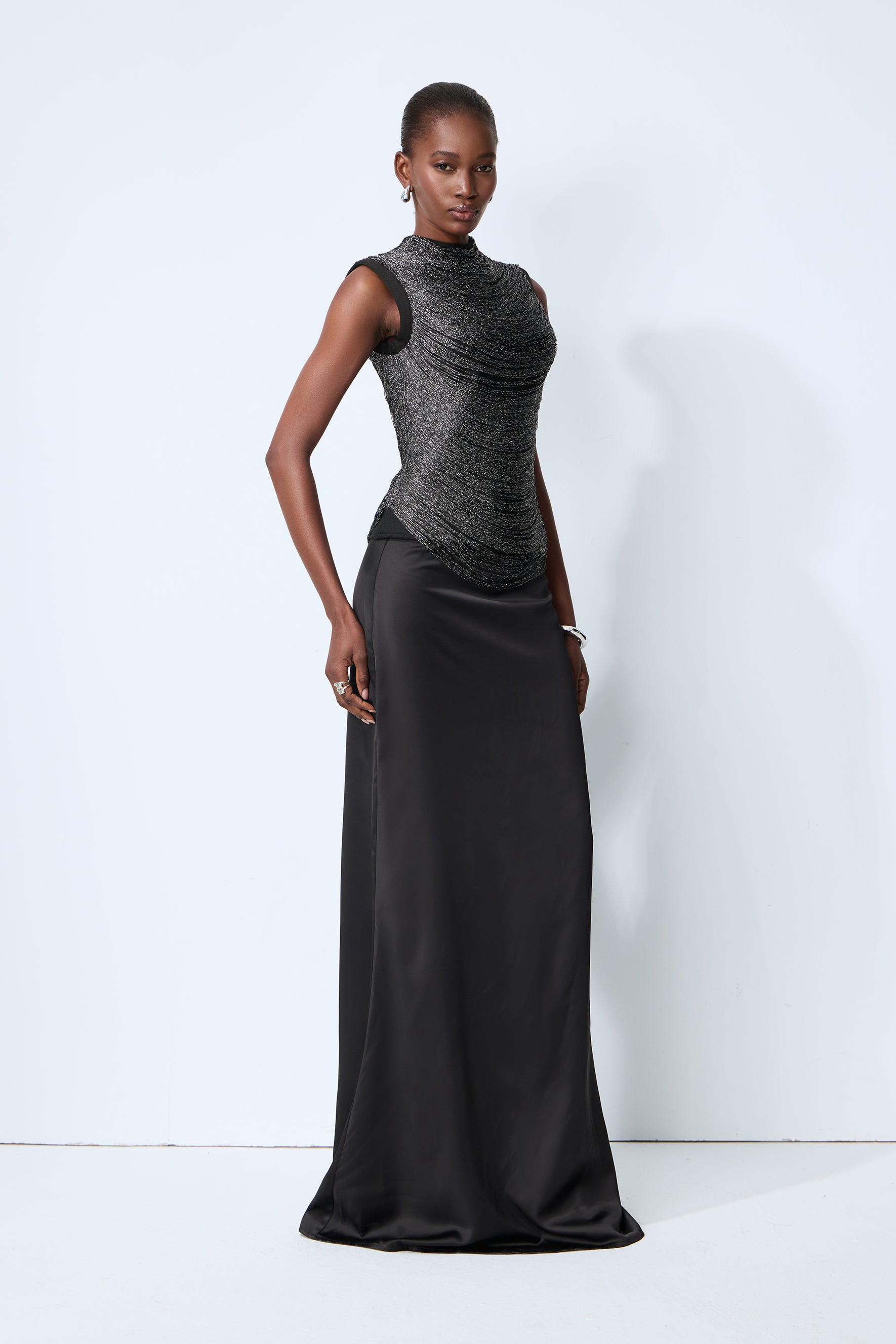 Captivating Personality Black Sleeveless Fringe Top & Satin Skirt Set