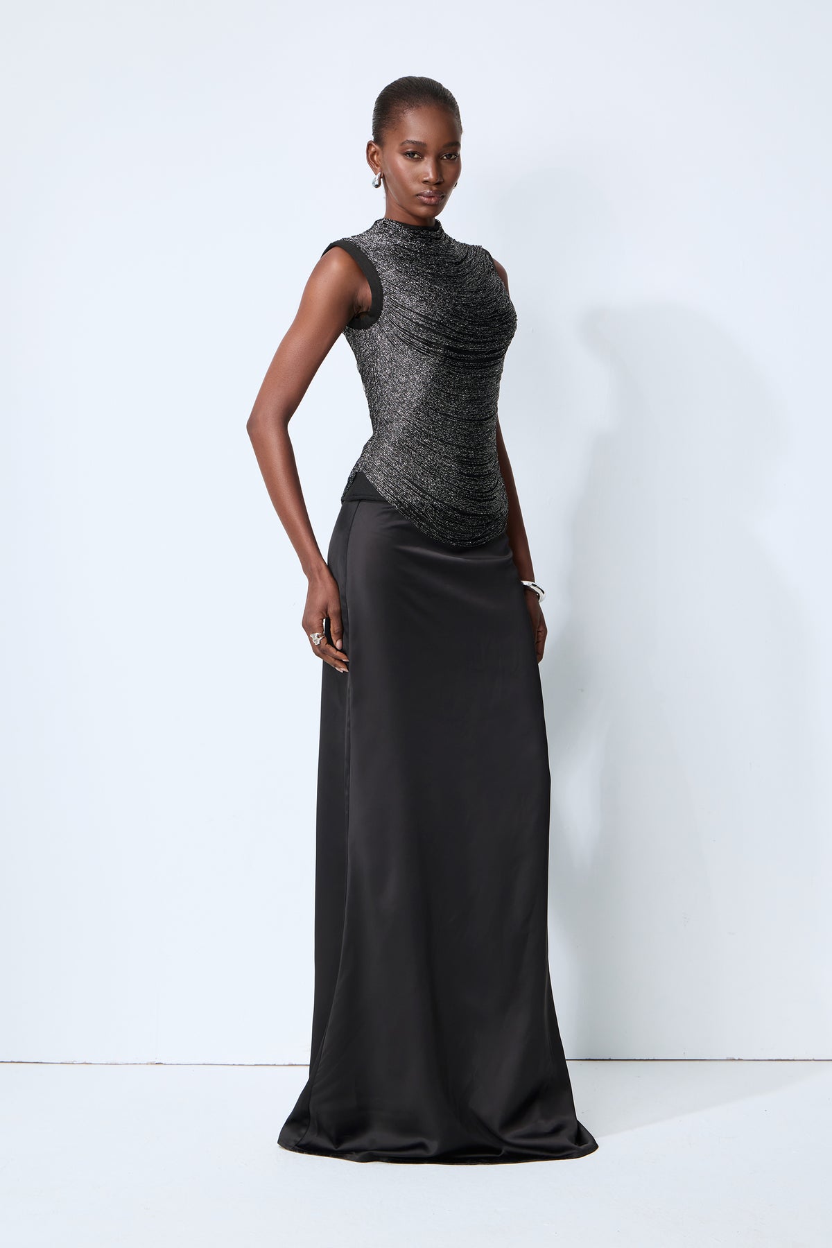 Captivating Personality Black Sleeveless Fringe Top & Satin Skirt Set