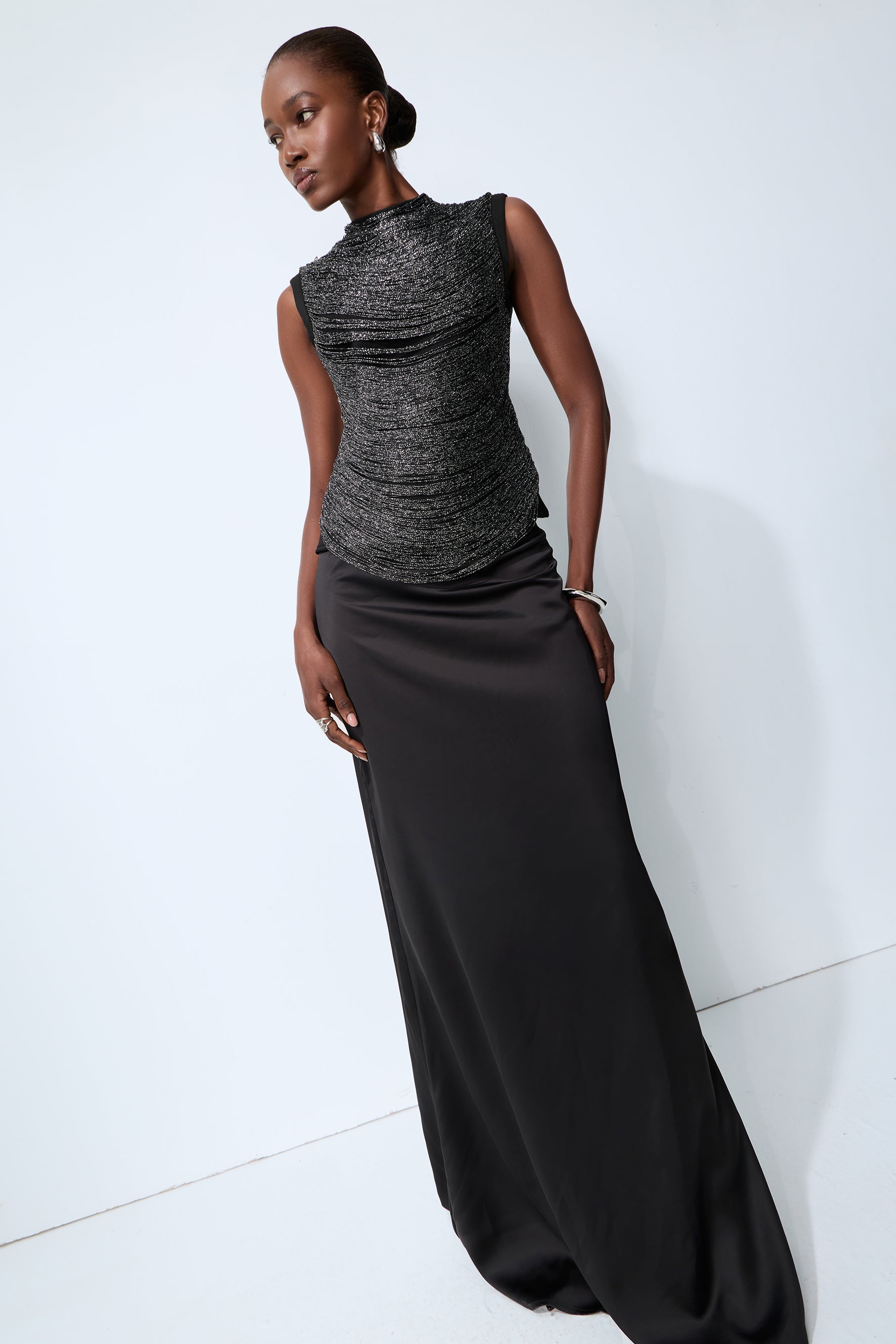 Captivating Personality Black Sleeveless Fringe Top & Satin Skirt Set
