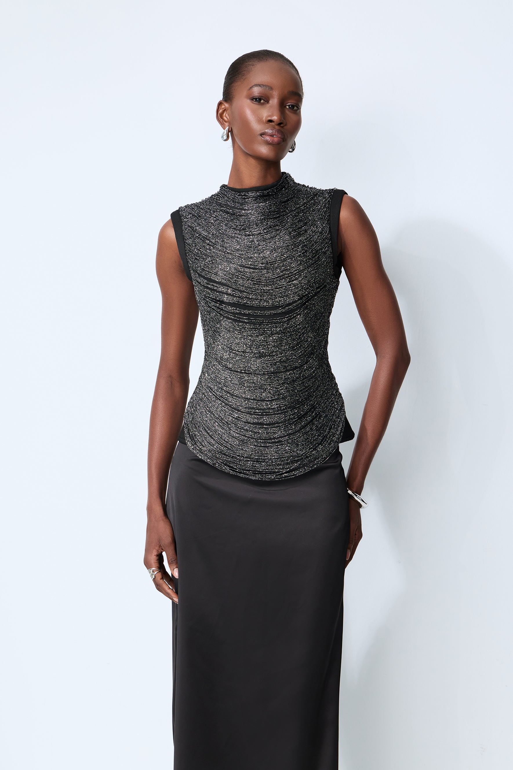 Captivating Personality Black Sleeveless Fringe Top & Satin Skirt Set
