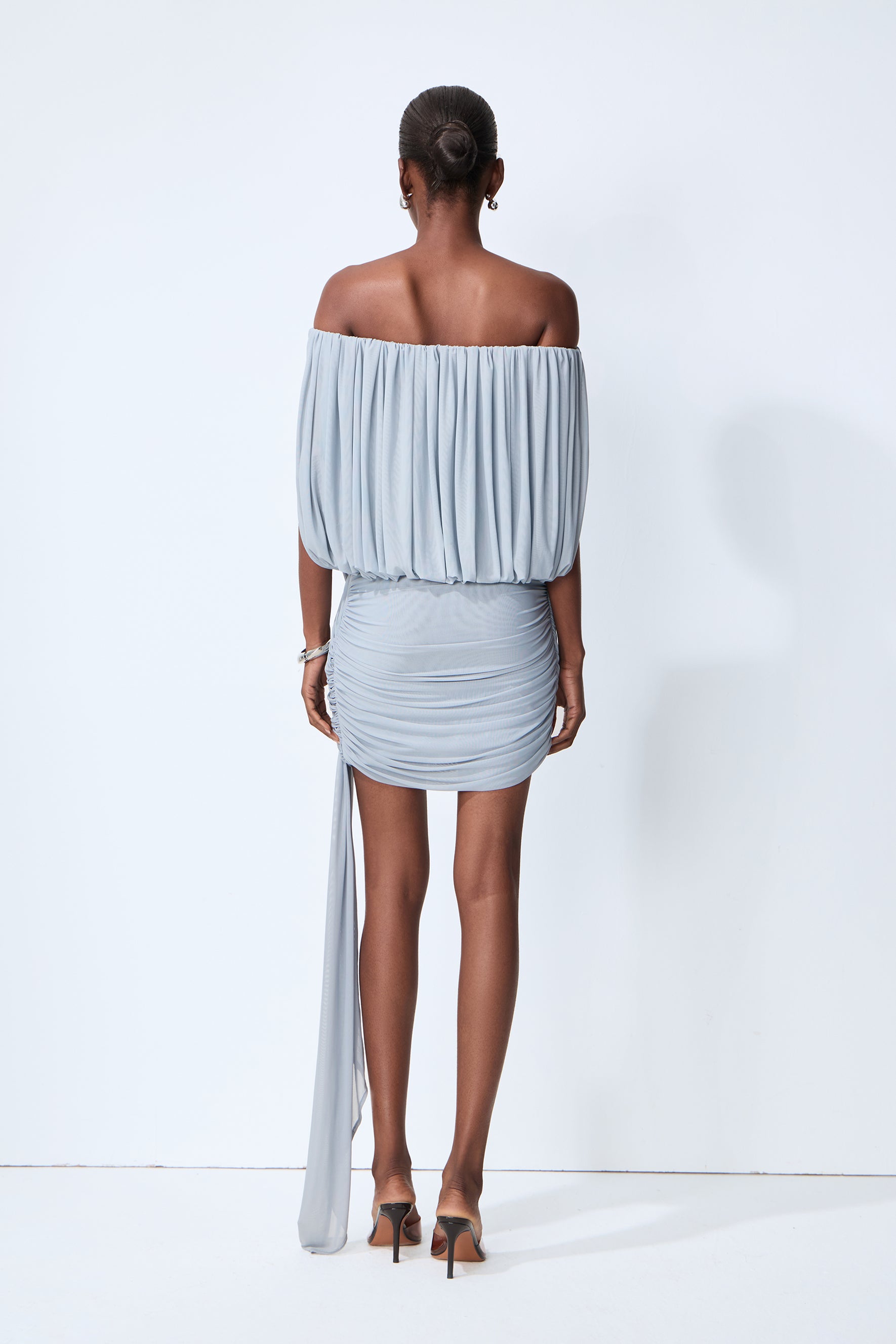 Lights Down Low Blue Off Shoulder Ruched Mini Dress