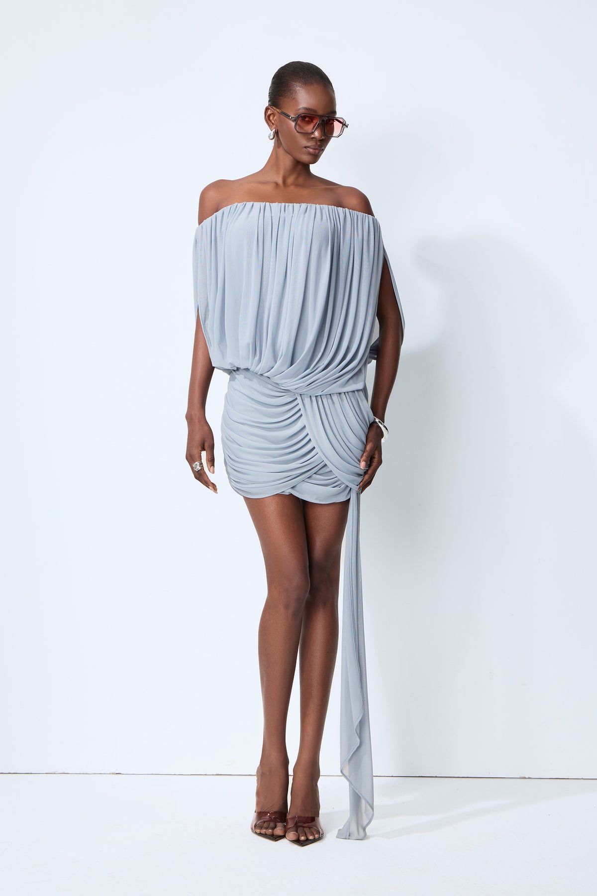 Lights Down Low Blue Off Shoulder Ruched Mini Dress