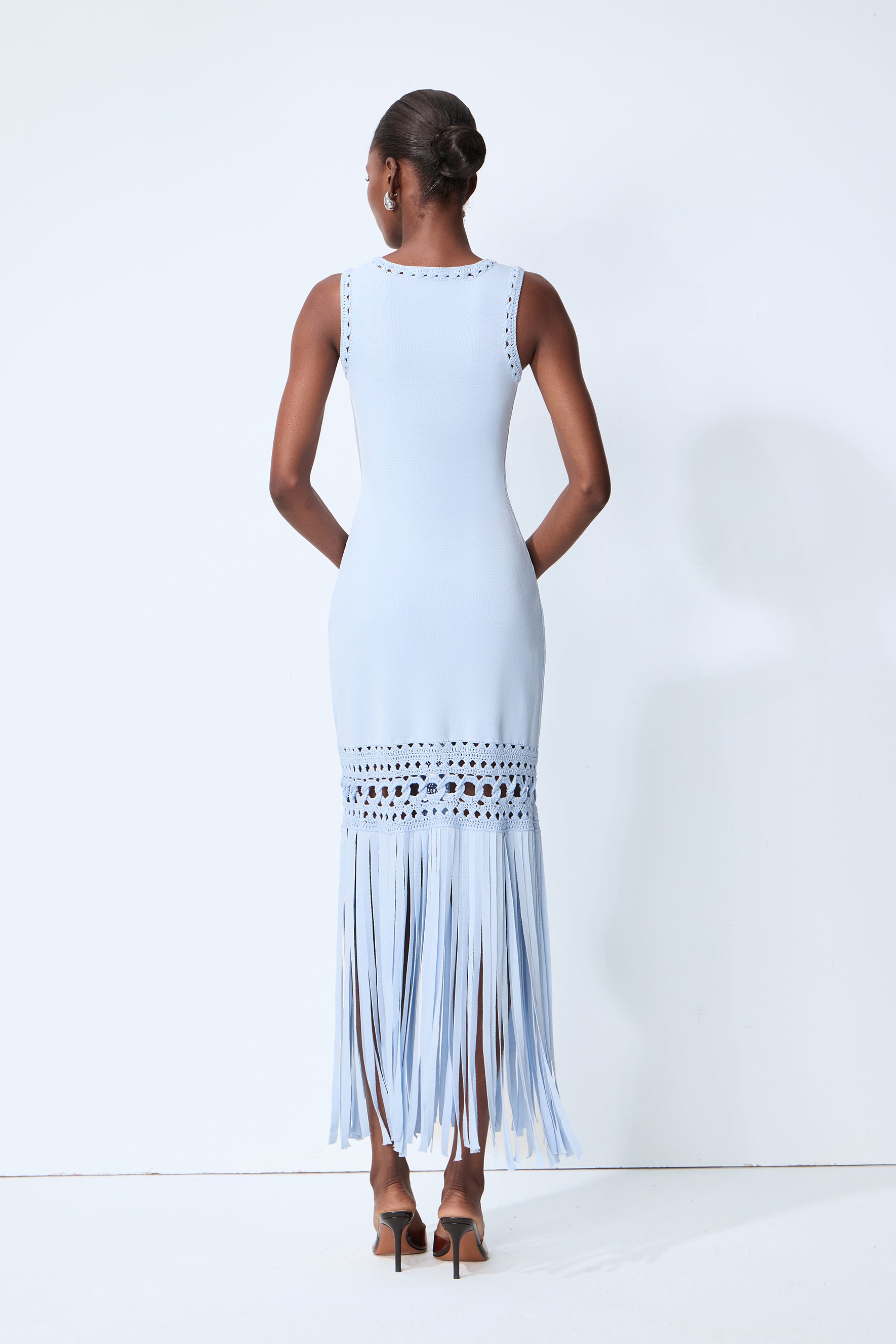 Sunwoven Stories Blue Sleeveless Crochet Fringe Maxi Dress