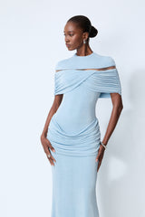 Softly Beautiful Blue Ruched Crisscross Knit Maxi Dress