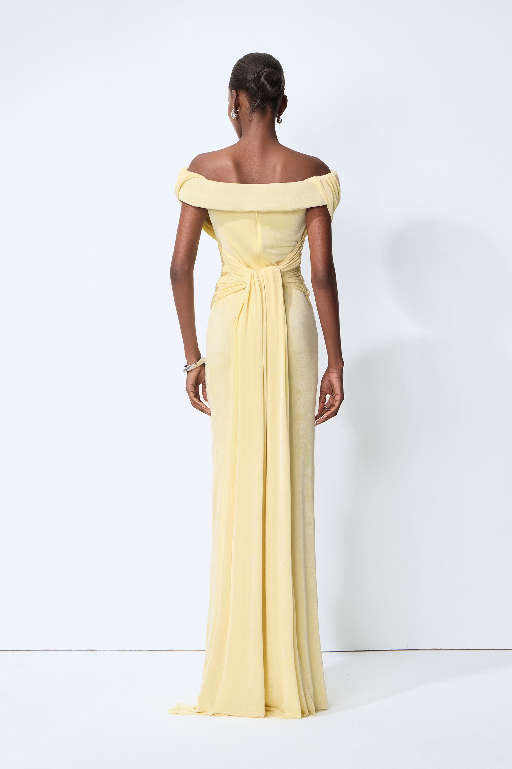 Made to Shine Yellow Off Shoulder Ruched Maxi Dress