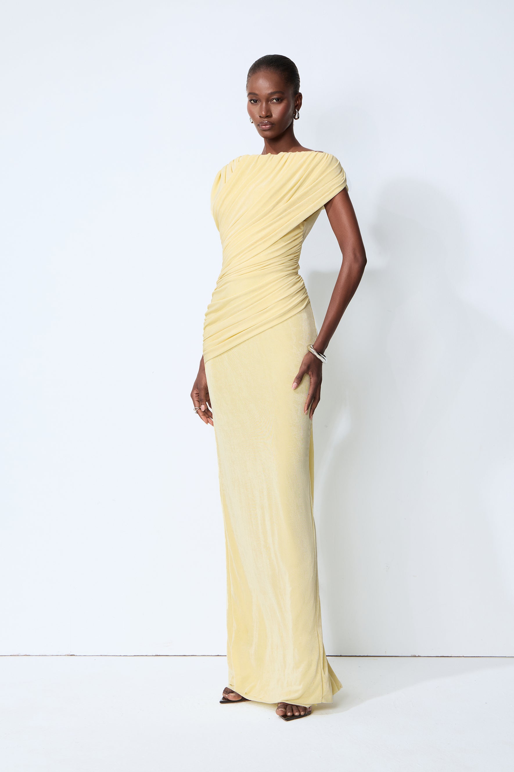 Made to Shine Yellow Off Shoulder Ruched Maxi Dress