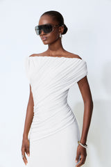 Made to Shine White Off Shoulder Ruched Maxi Dress