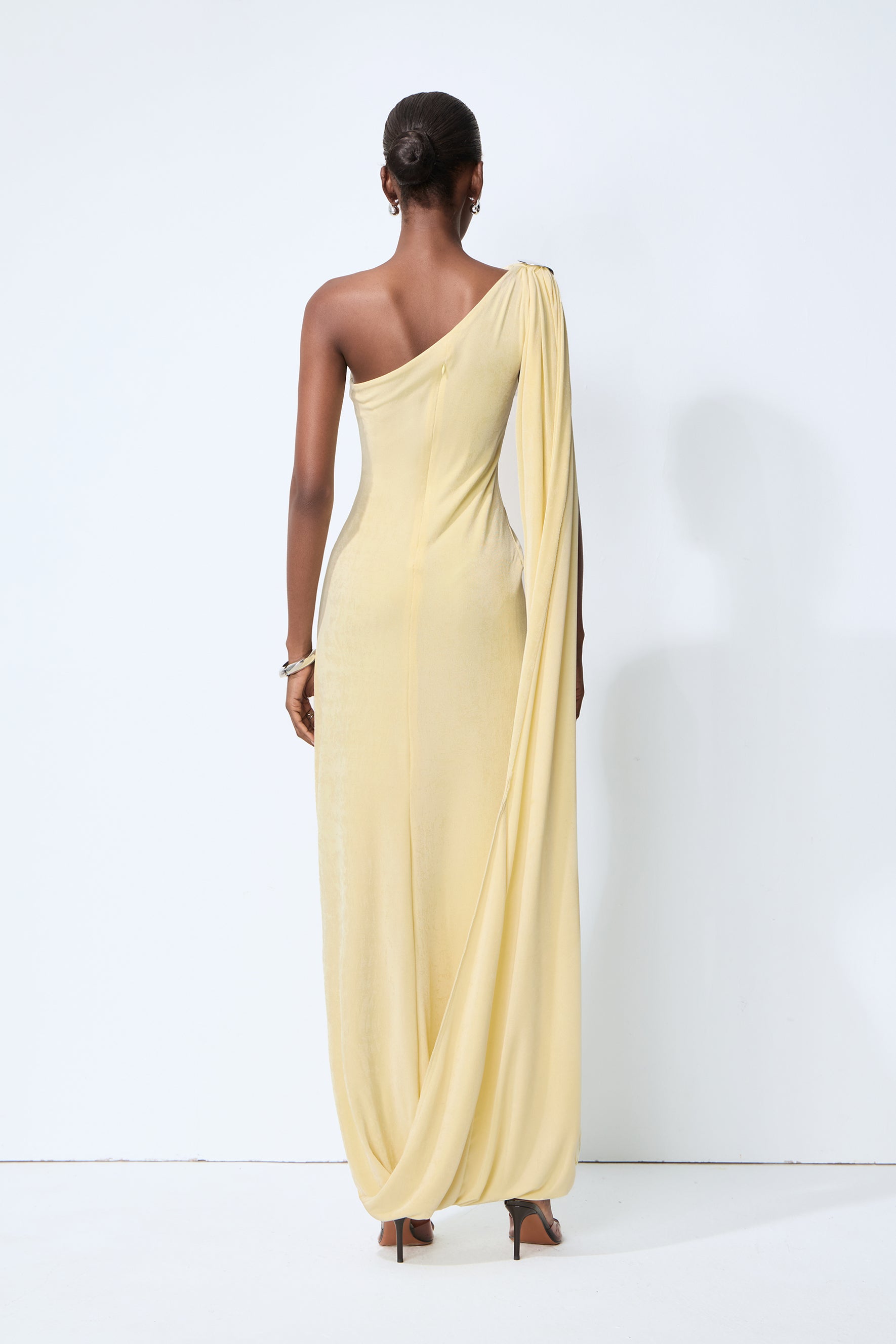 All Eyes Follow Yellow One Shoulder Draped Maxi Dress