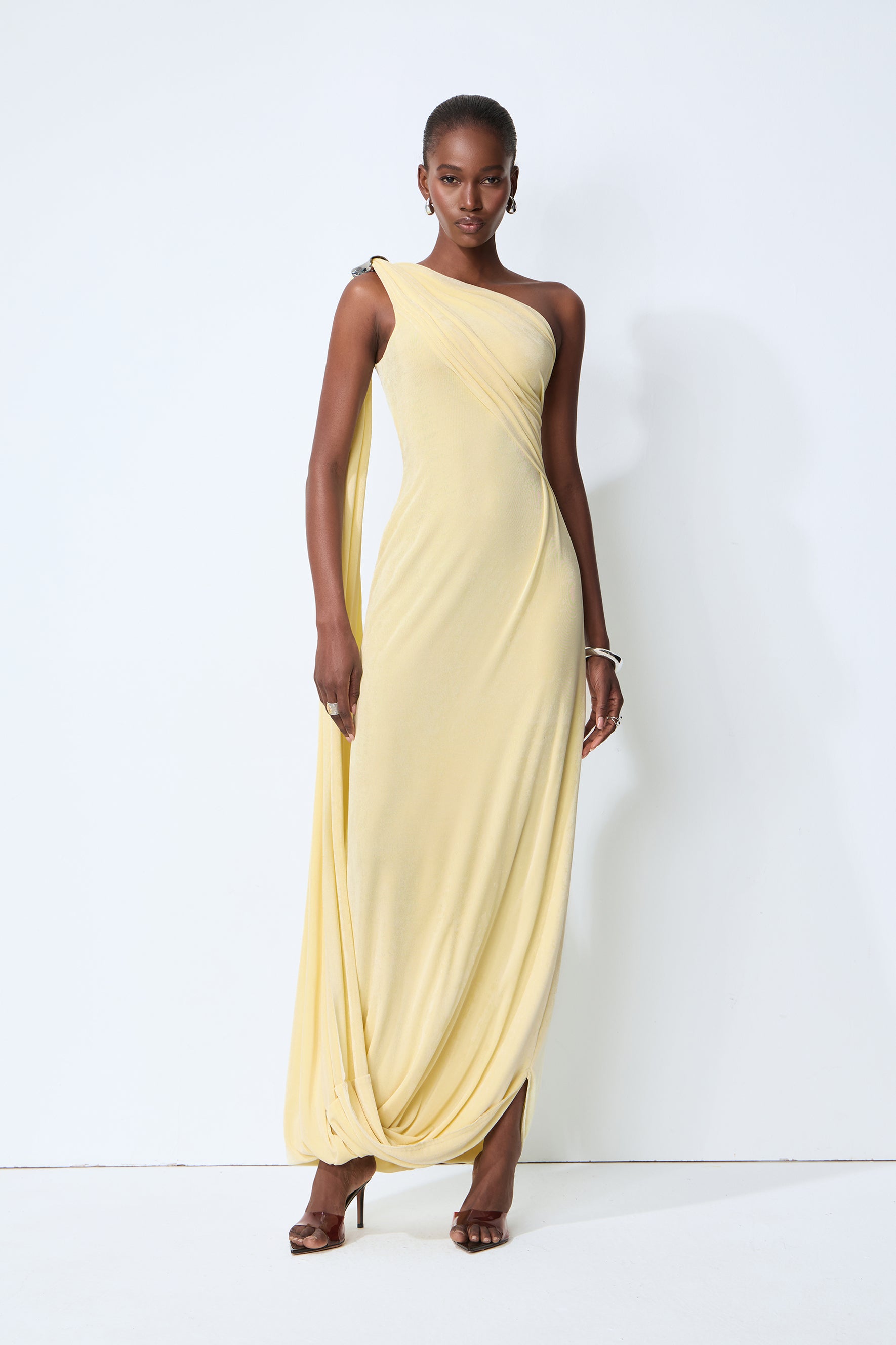 All Eyes Follow Yellow One Shoulder Draped Maxi Dress