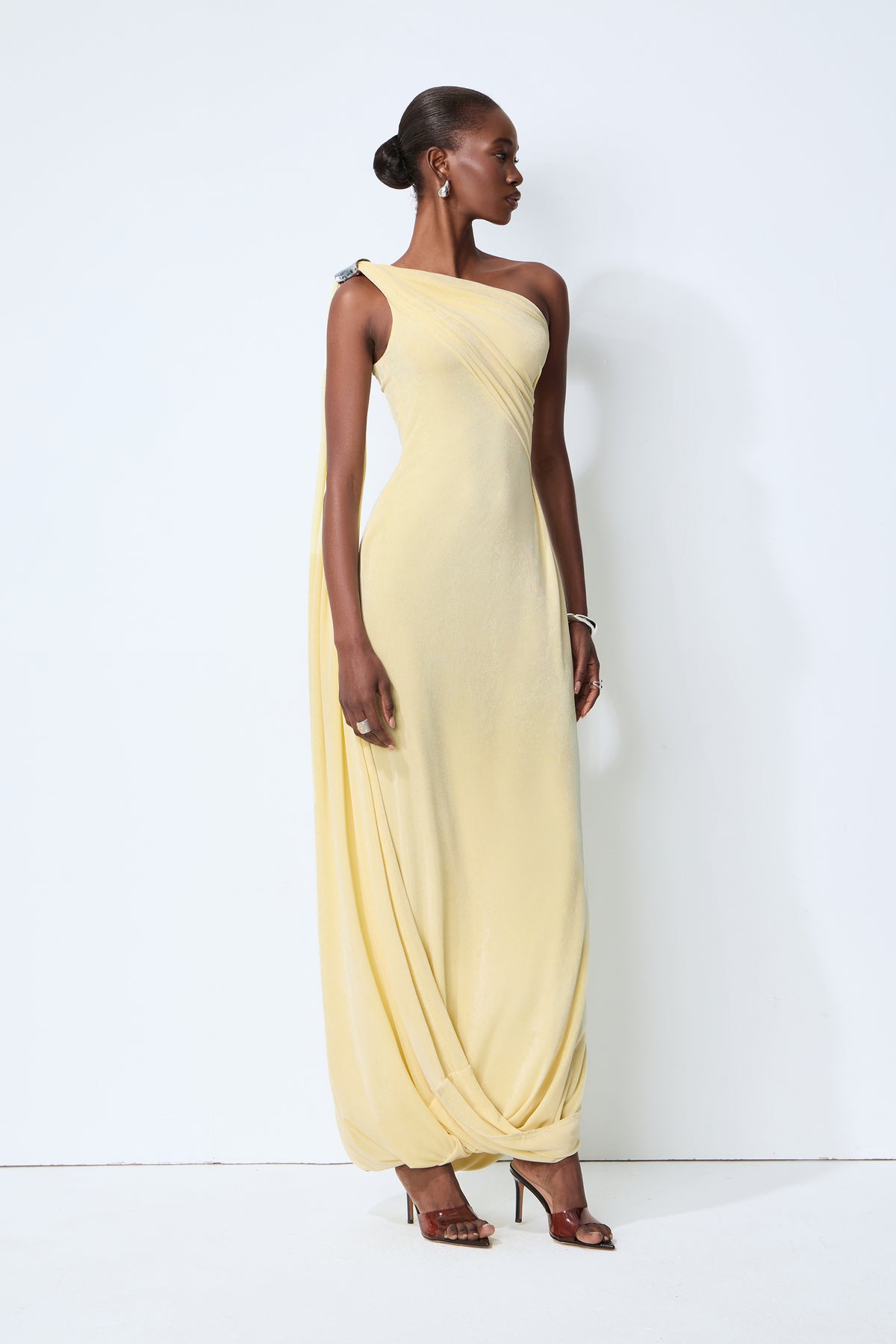 All Eyes Follow Yellow One Shoulder Draped Maxi Dress