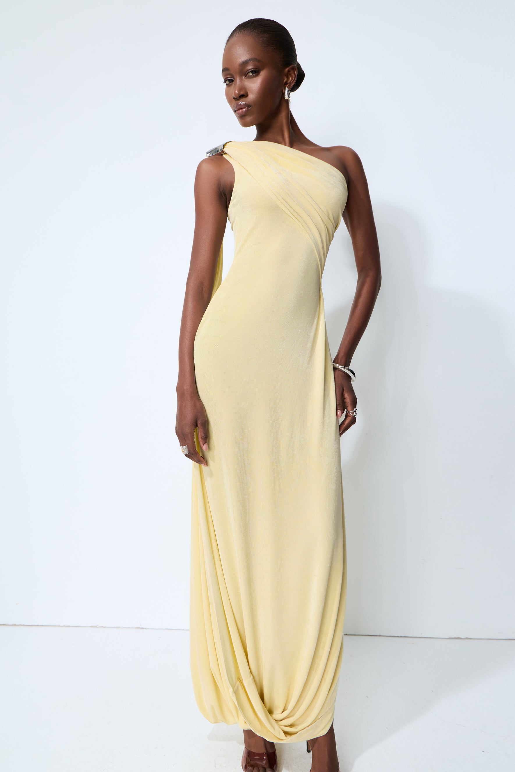 All Eyes Follow Yellow One Shoulder Draped Maxi Dress