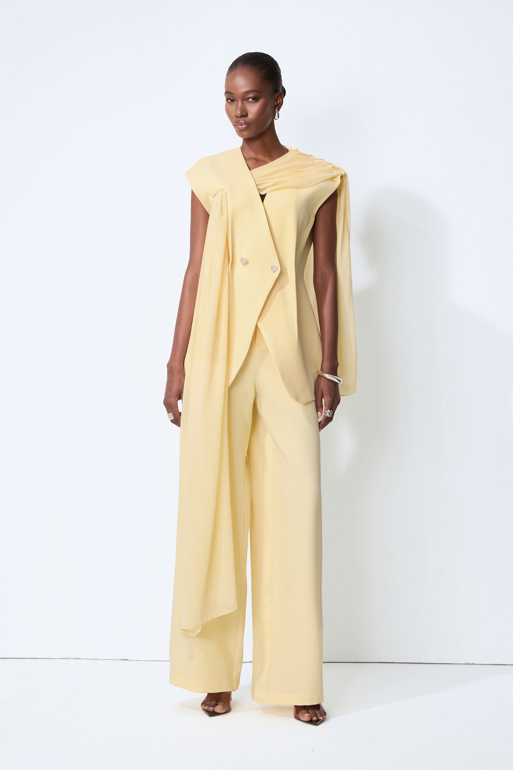 Iconic Glow Yellow Asymmetrical Draped Top & Wide Leg Pants Set
