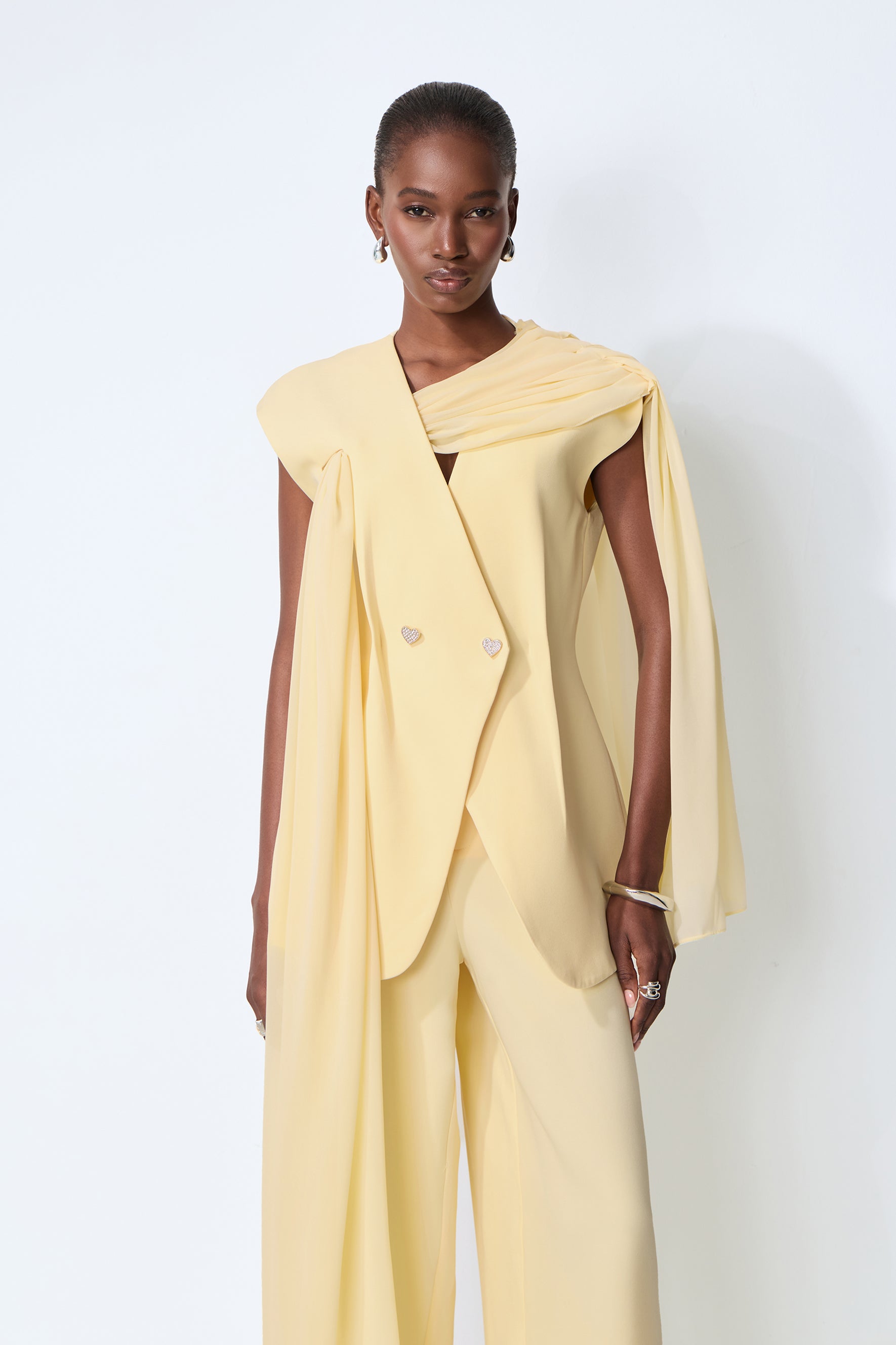 Iconic Glow Yellow Asymmetrical Draped Top & Wide Leg Pants Set