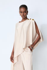 Just My Style Beige Asymmetrical Cape Blouse & Wide Leg Pants Set