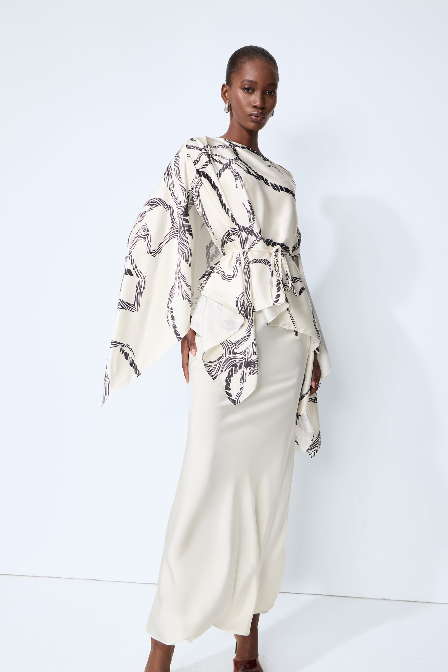 Made for Now White Abstract Print Cape Blouse & Skirt Set