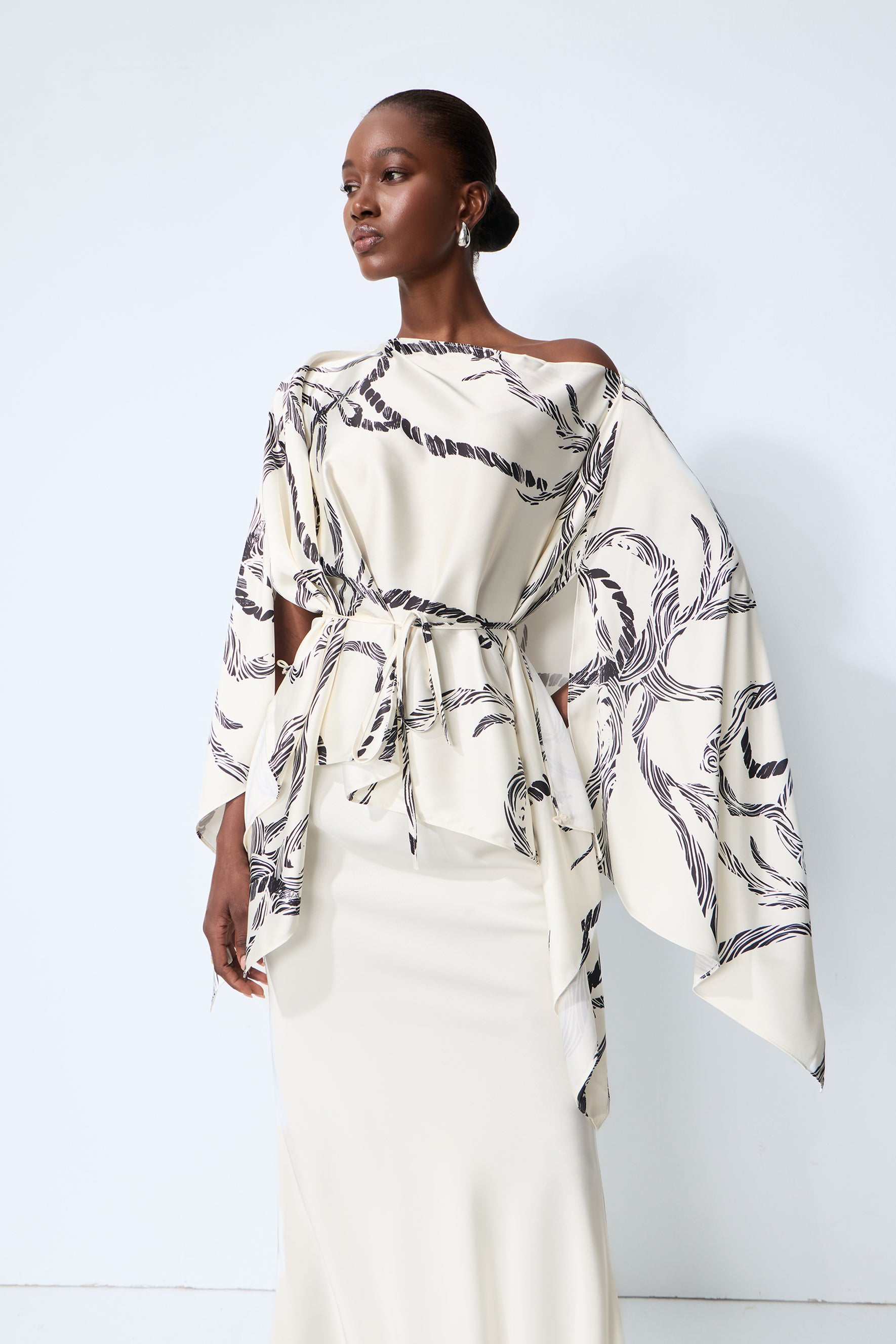 Made for Now White Abstract Print Cape Blouse & Skirt Set