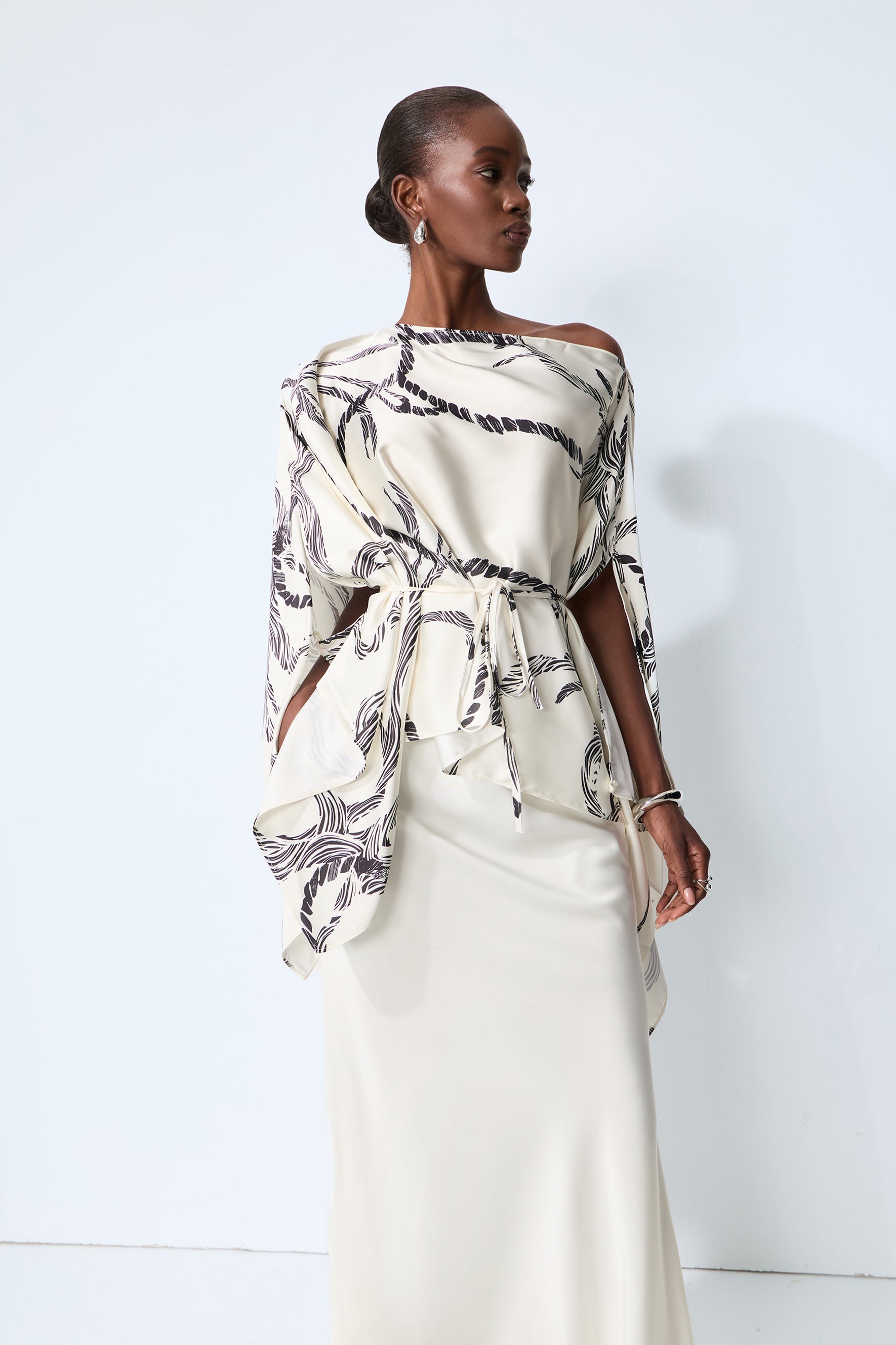 Made for Now White Abstract Print Cape Blouse & Skirt Set