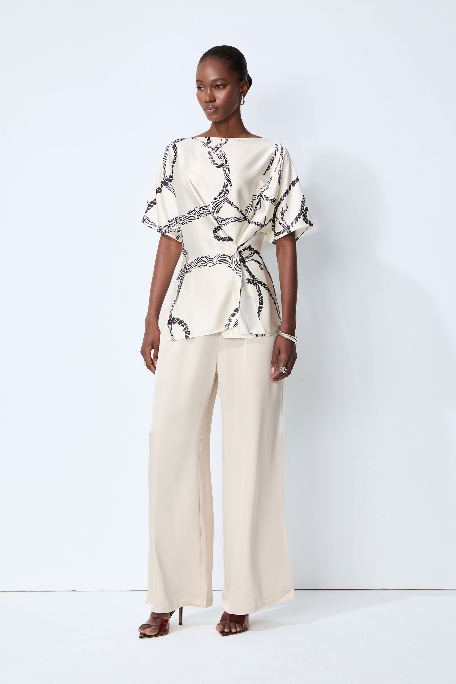 Easy Moment White Abstract Print Side-Knot Wrap Blouse