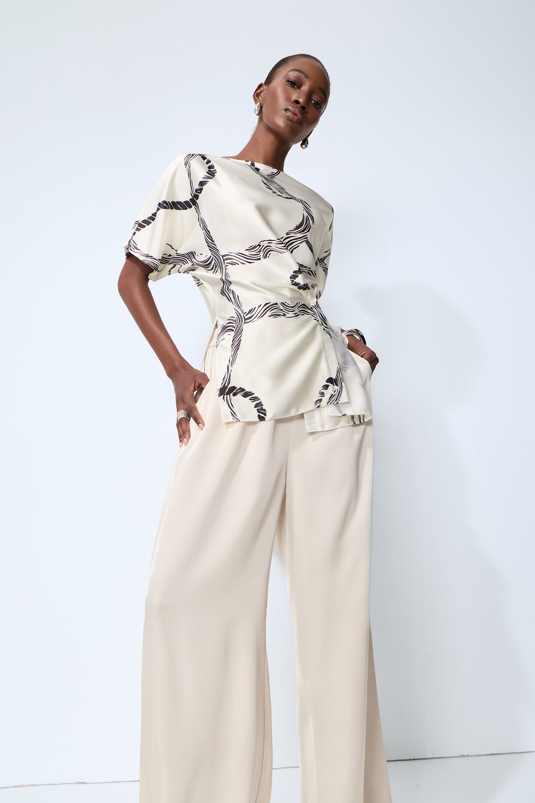Easy Moment White Abstract Print Side-Knot Wrap Blouse