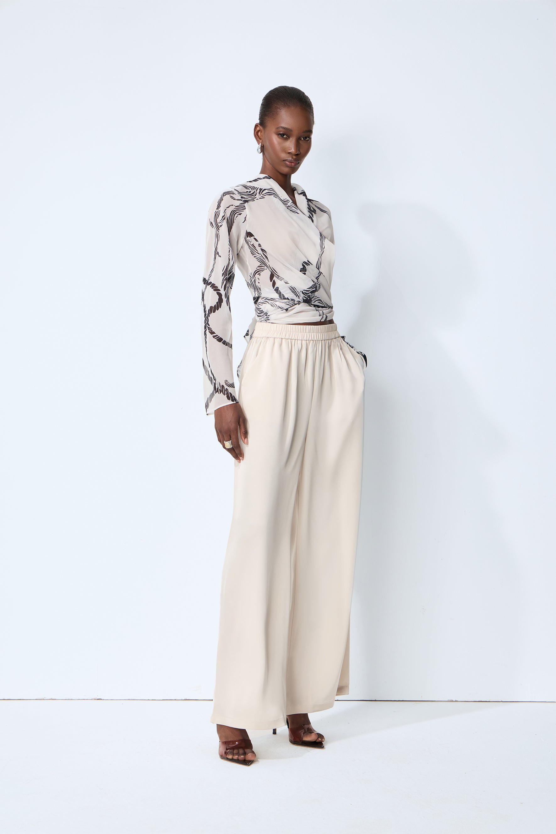 Fresh Mood White Abstract Print Wrap Blouse