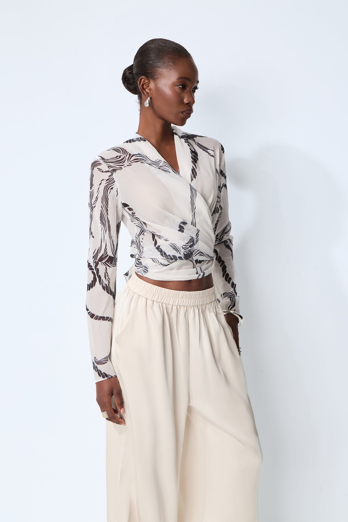 Fresh Mood White Abstract Print Wrap Blouse