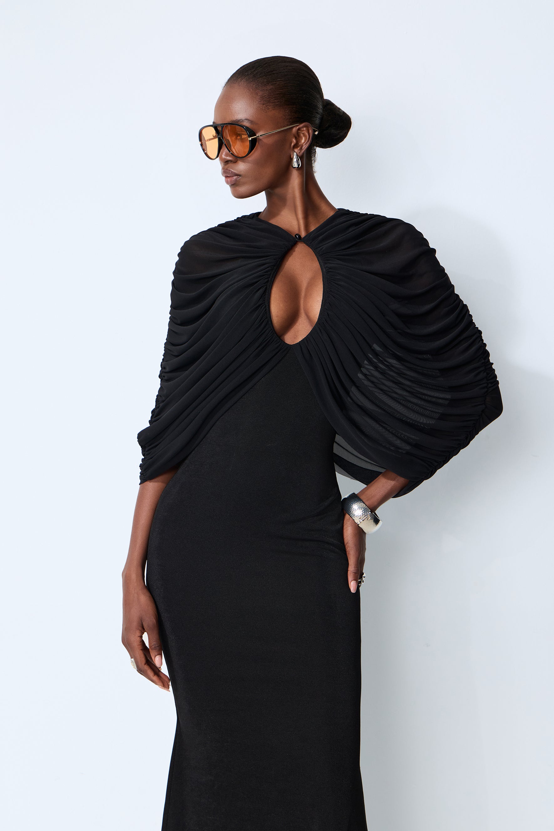 Modern Luxe Black Draped Keyhole Maxi Dress