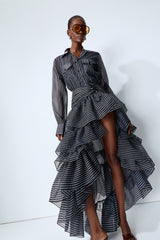 Effortless Style Black Striped Shirt & Tiered Skirt Set