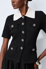 Simple Look Black Contrast Collar Knit Top & Pleated Skirt Set