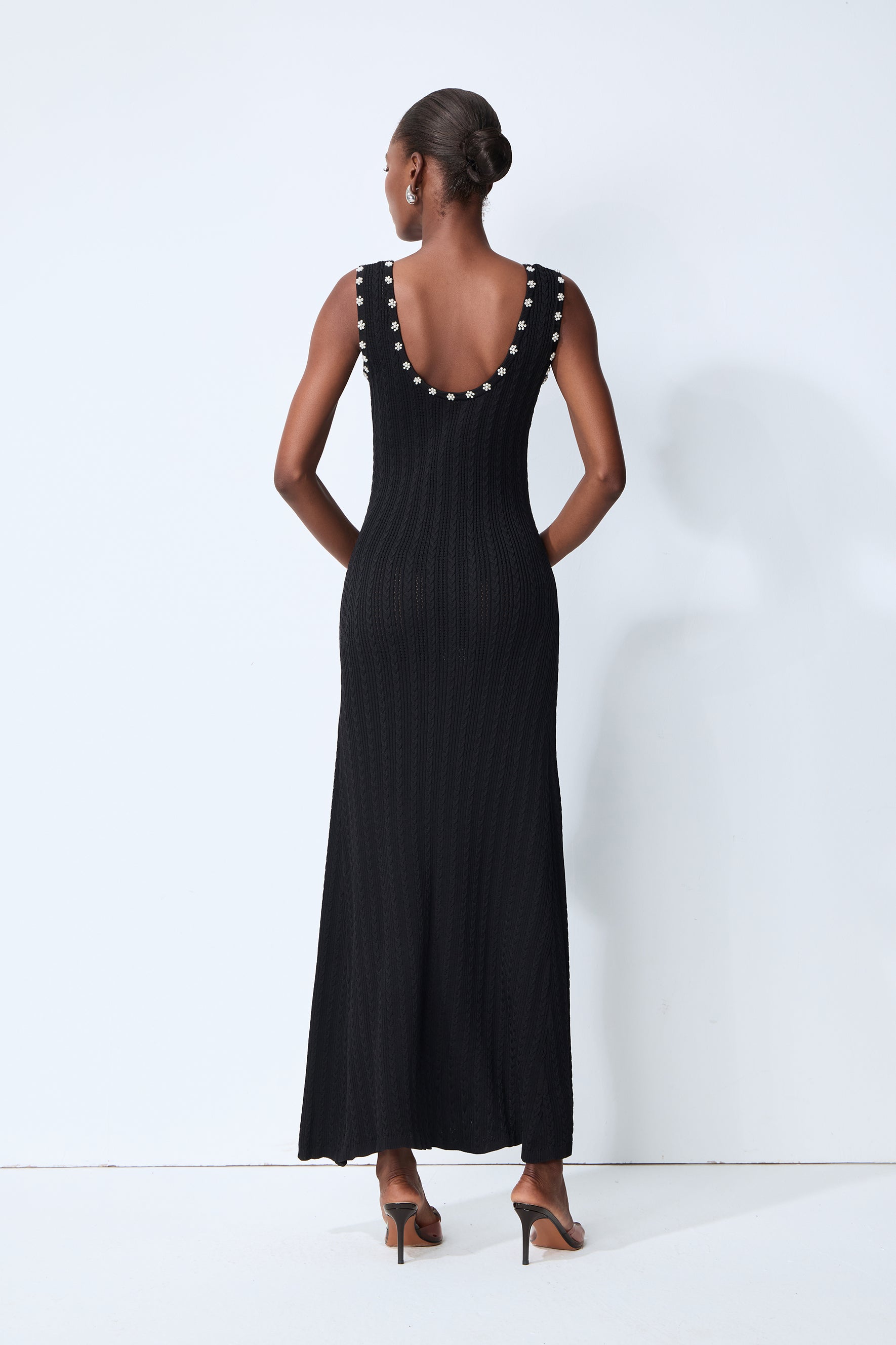 Timeless Attraction Black Sleeveless Pearl Trim Knit Maxi Dress