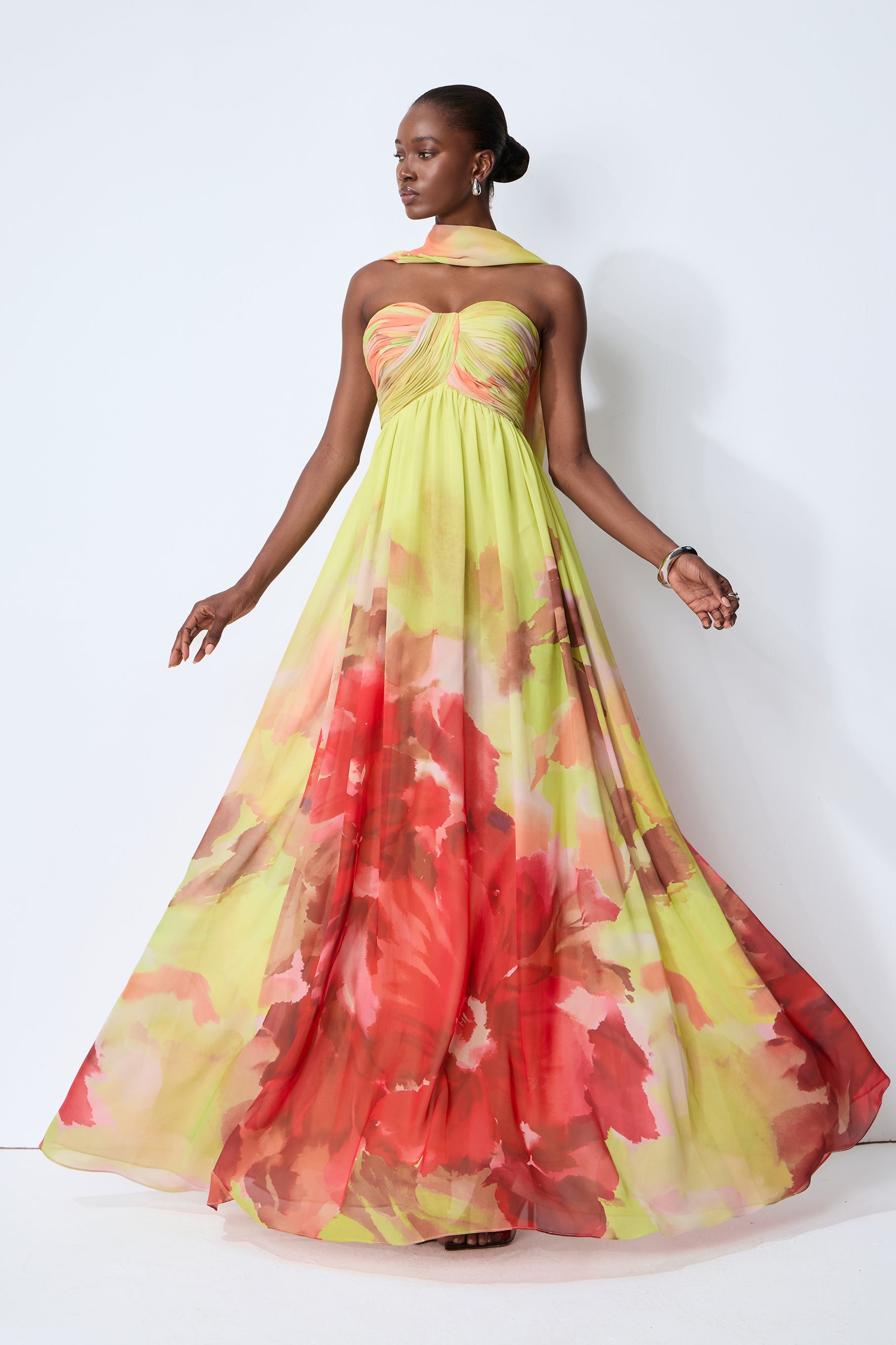 Truly Extraordinary Multi Floral Print Chiffon Maxi Dress with Scarf