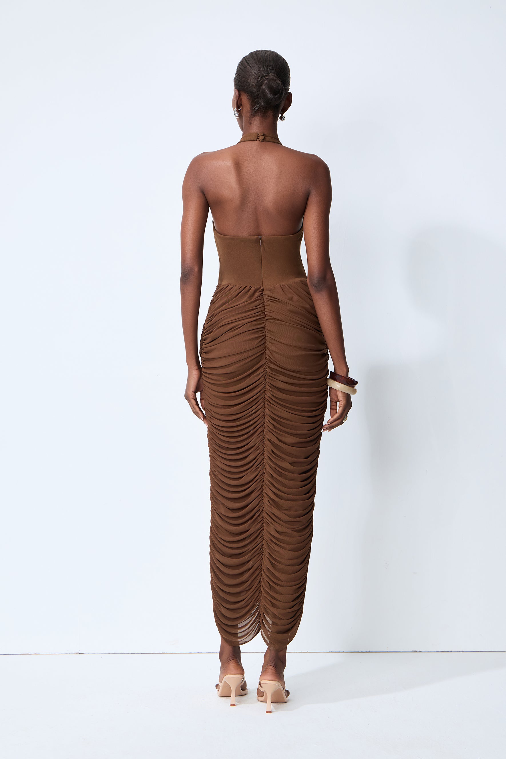 Compliment Me Brown Deep V Neck Ruched Maxi Dress