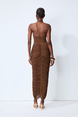 Compliment Me Brown Deep V Neck Ruched Maxi Dress