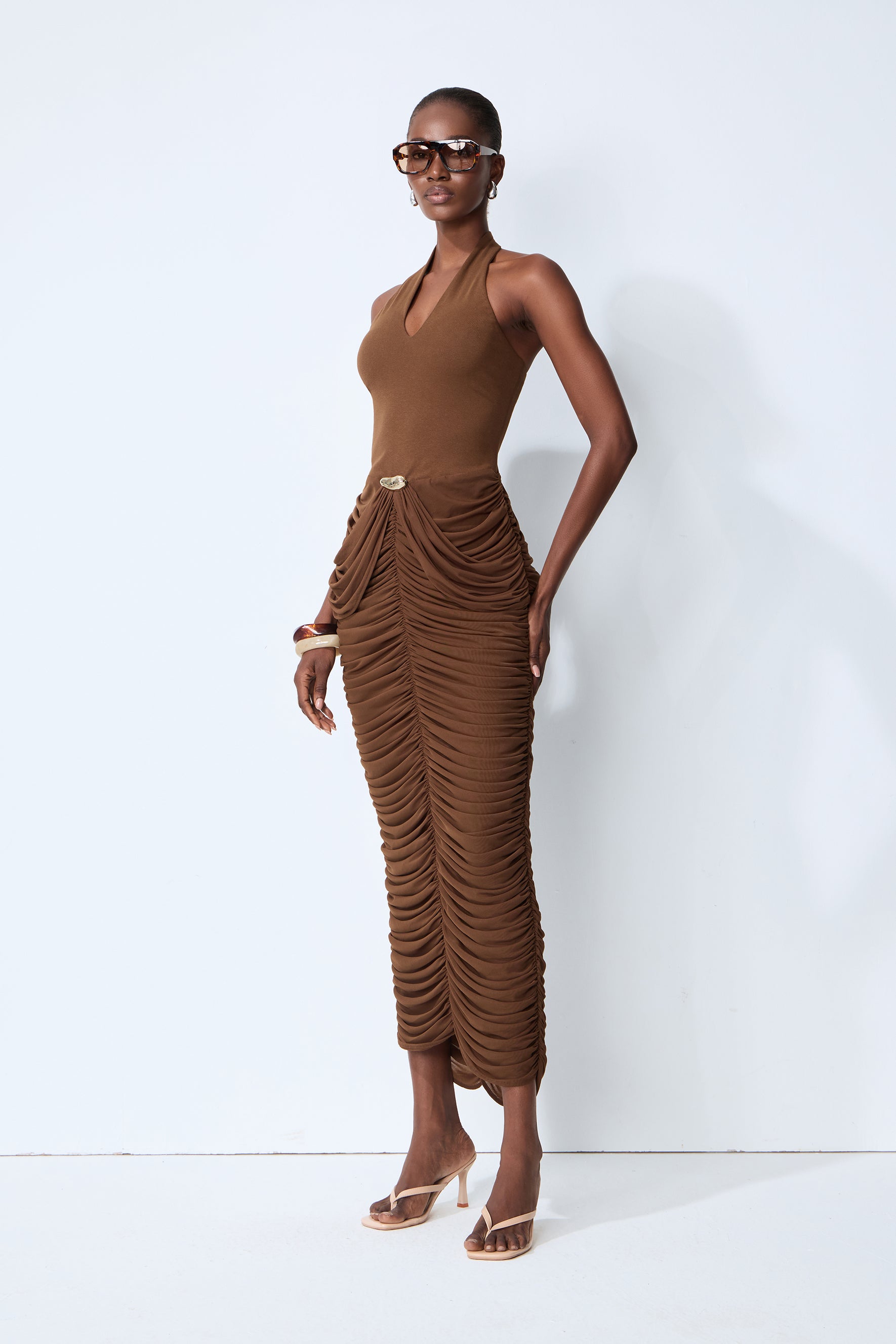 Compliment Me Brown Deep V Neck Ruched Maxi Dress