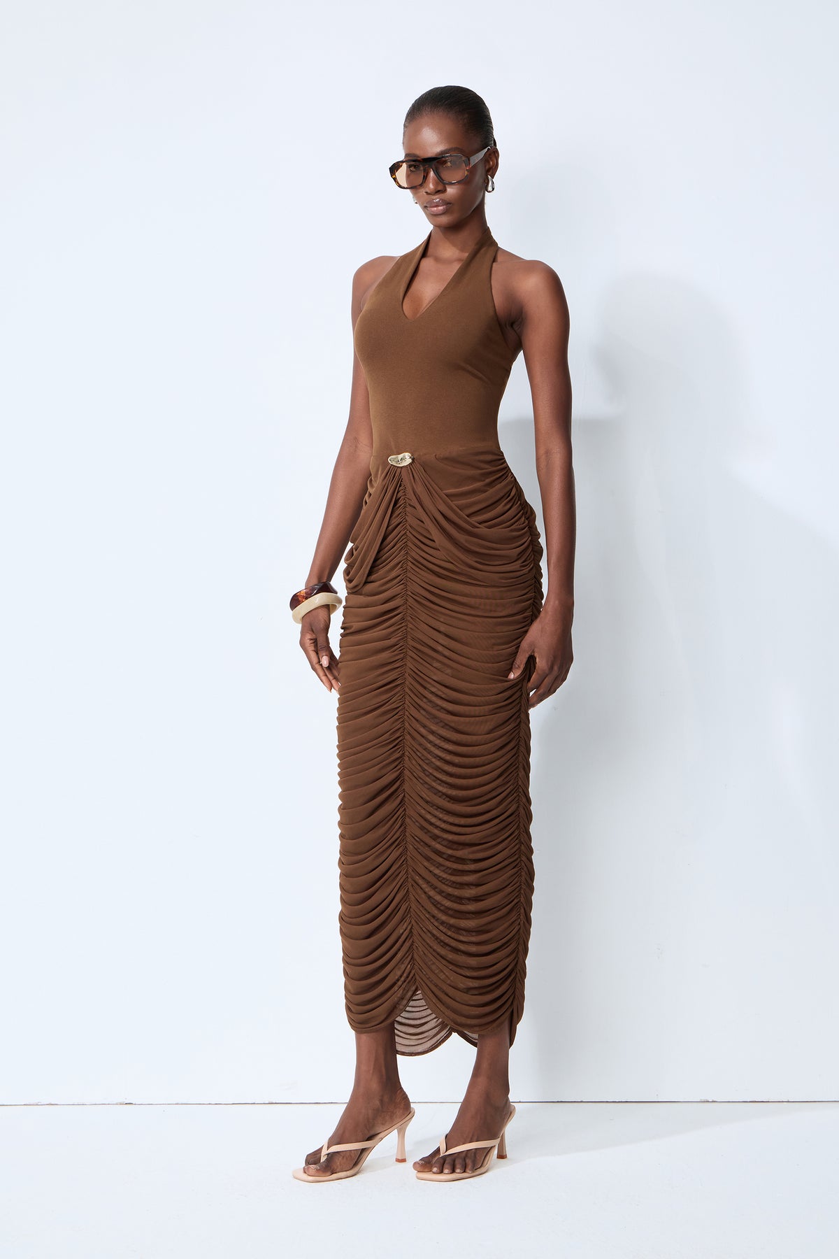 Compliment Me Brown Deep V Neck Ruched Maxi Dress