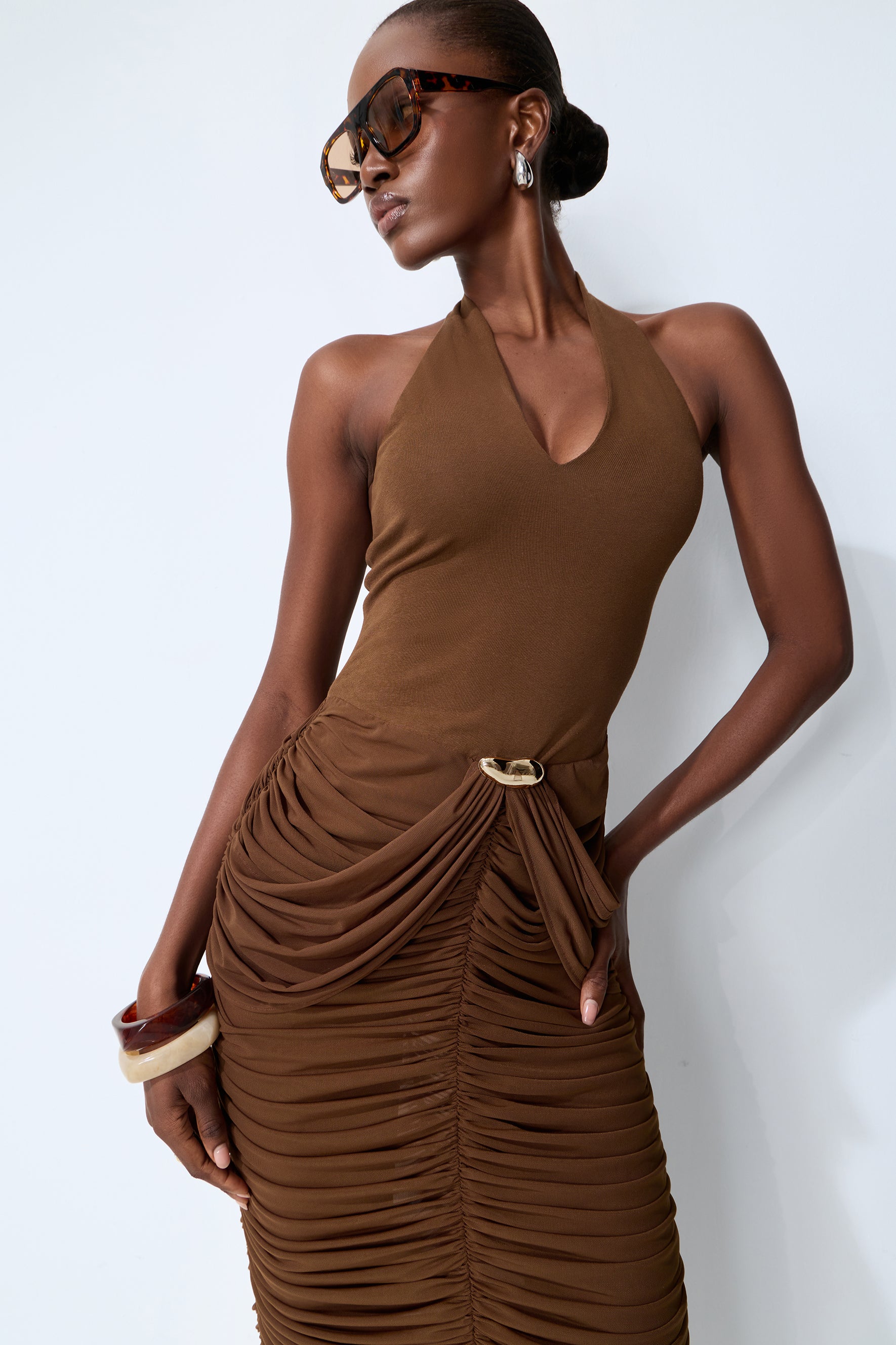 Compliment Me Brown Deep V Neck Ruched Maxi Dress