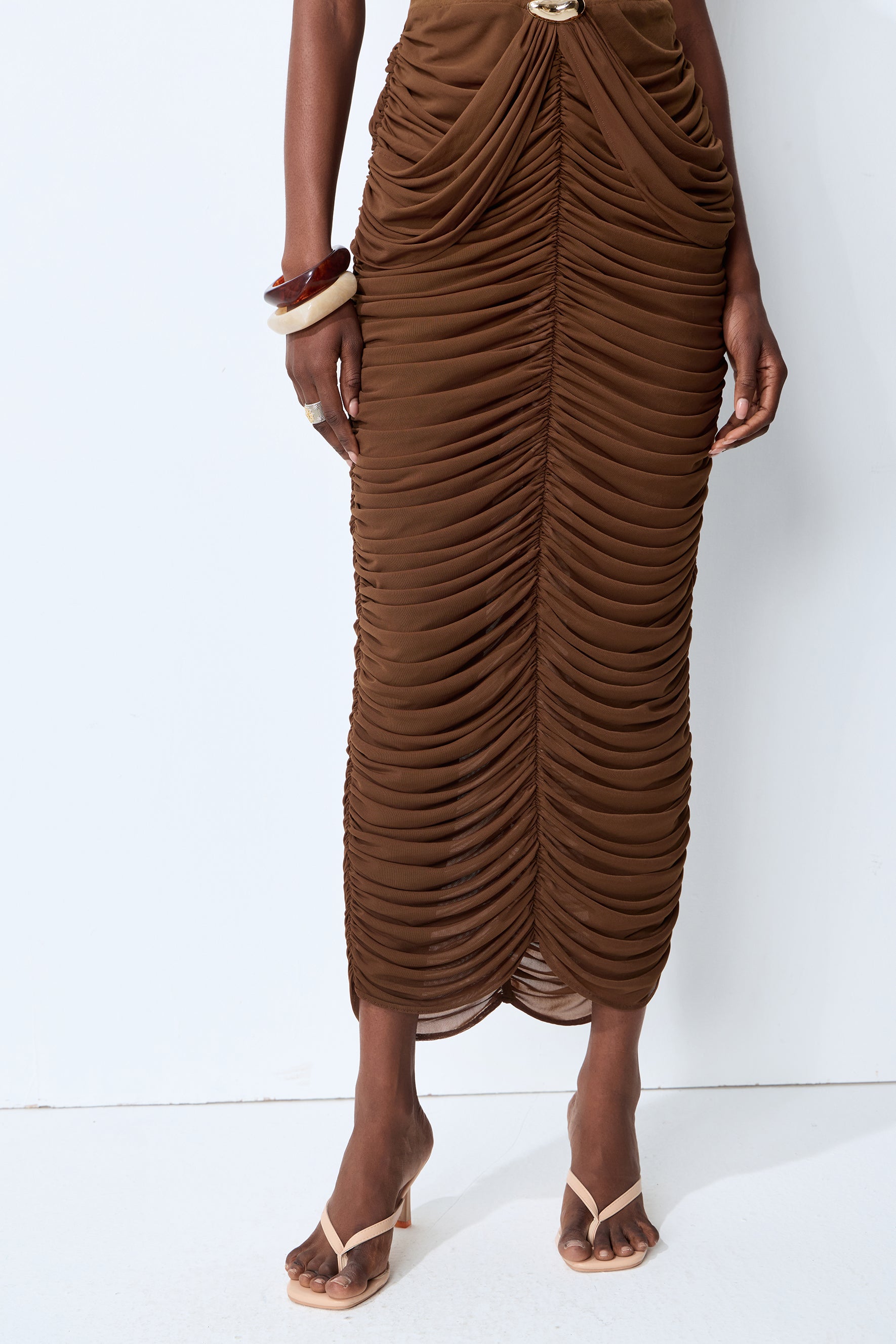 Compliment Me Brown Deep V Neck Ruched Maxi Dress