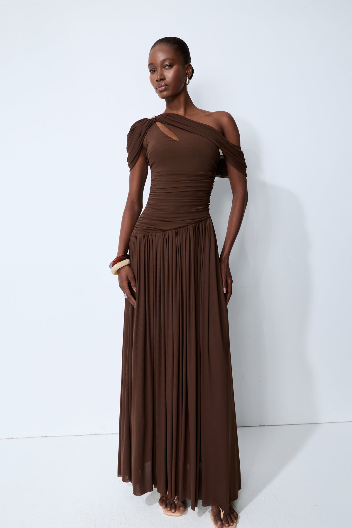 Lost After Dark Brown One Shoulder Cutout Maxi Dress