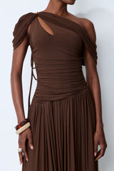 Lost After Dark Brown One Shoulder Cutout Maxi Dress