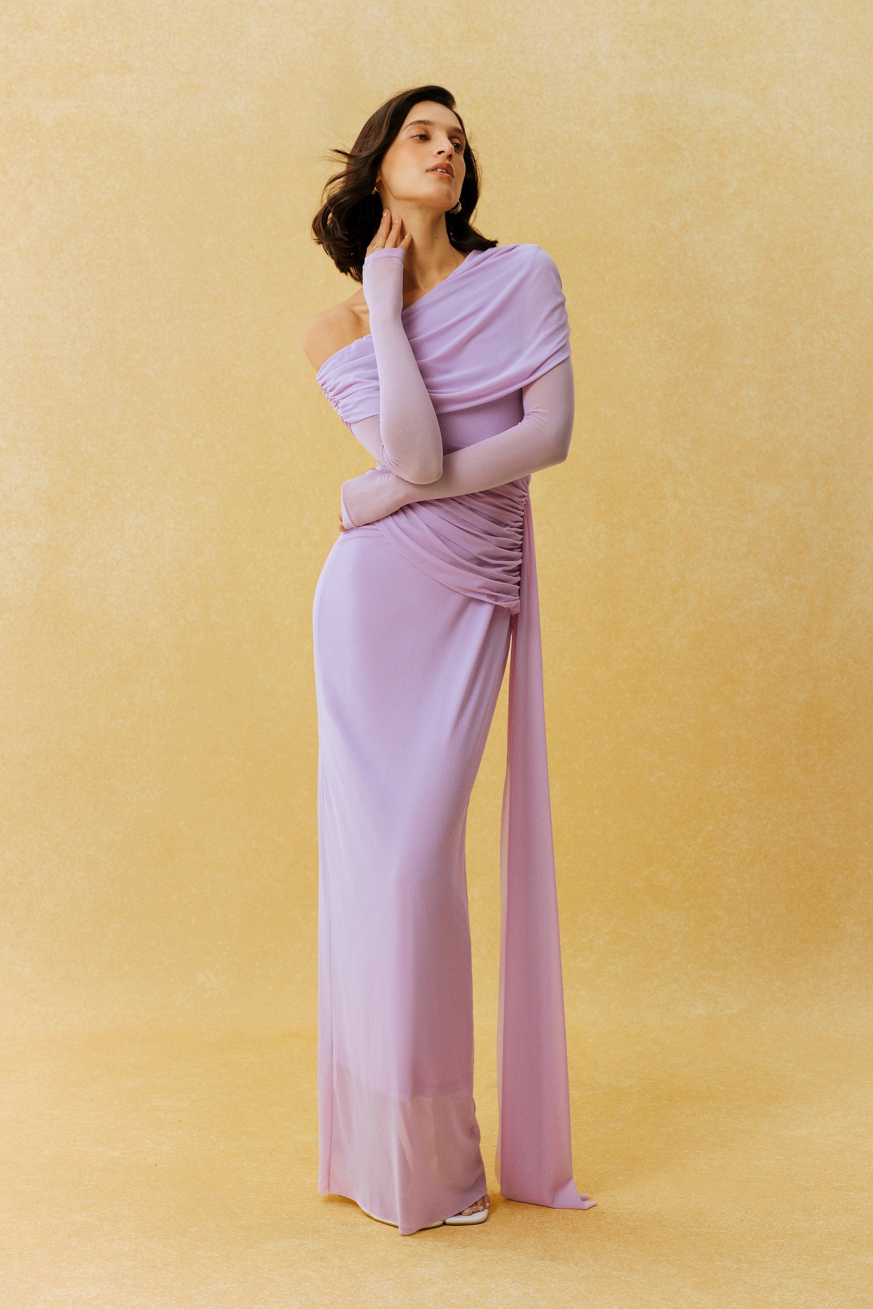 Elegant Hour Purple One Shoulder Ruched Maxi Dress